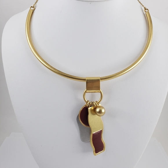 Madewell curved bar necklace - art deco pendants gold + silver tone + red brown - Picture 5 of 9